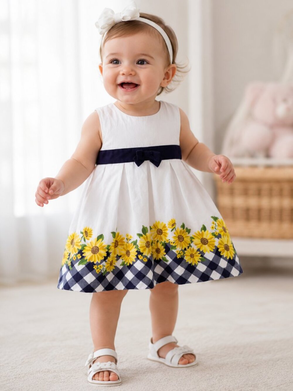 Mayoral Girl Dress 12M Sunflower White Navy Bow Lined Cotton